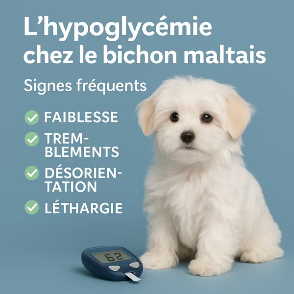 Chiot bichon maltais en studio avec liste des signes d’hypoglycémie (faiblesse, tremblements, désorientation, léthargie) et glucomètre affichant 62