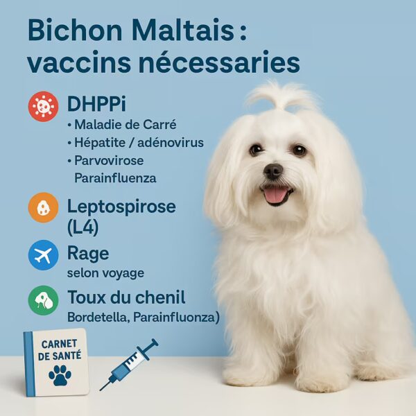 Bichon maltais en studio avec liste vaccins : DHPPi (Carré, hépatite/AdV, parvo, parainfluenza), Leptospirose L4, Rage selon voyage, Toux du chenil