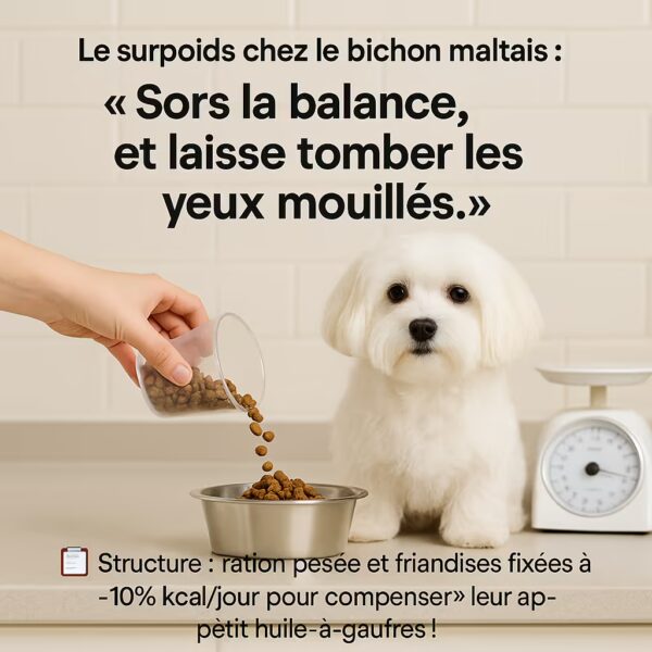 Bichon maltais devant une gamelle pendant quâune main verse des croquettes, balance de cuisine Ă cĂŽtĂ©