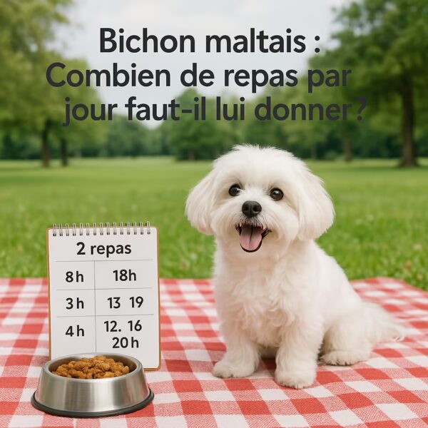 Bichon maltais assis sur une nappe à carreaux avec bol de croquettes et petit chevalet indiquant les horaires des repas
