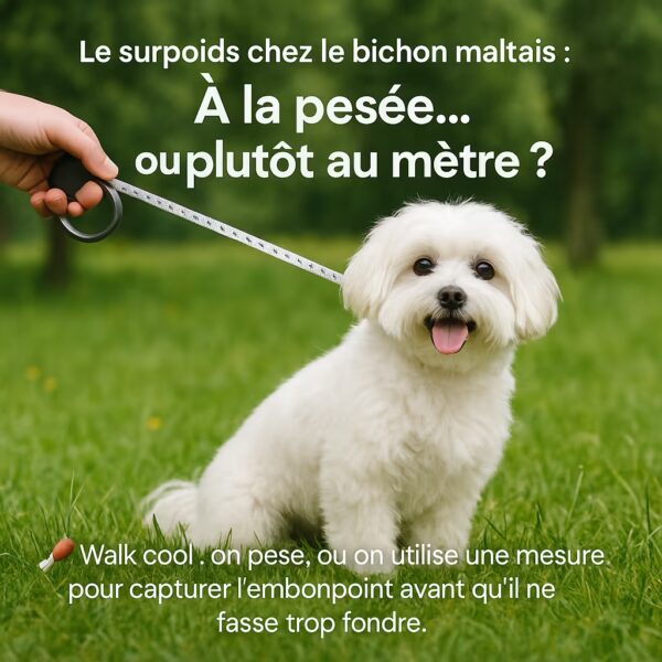 Bichon maltais assis dans lâherbe au parc, humain tenant un mĂštre ruban prĂšs de la taille du chien