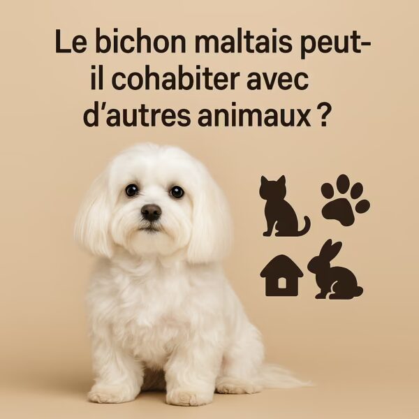 Bichon maltais en studio avec icônes chat, patte et lapin, question sur la cohabitation avec autres animaux