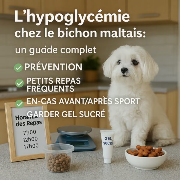 Bichon maltais sur plan de travail à côté d’une balance, d’un gel sucré et d’un planning d’horaires de repas pour prévenir l’hypoglycémie