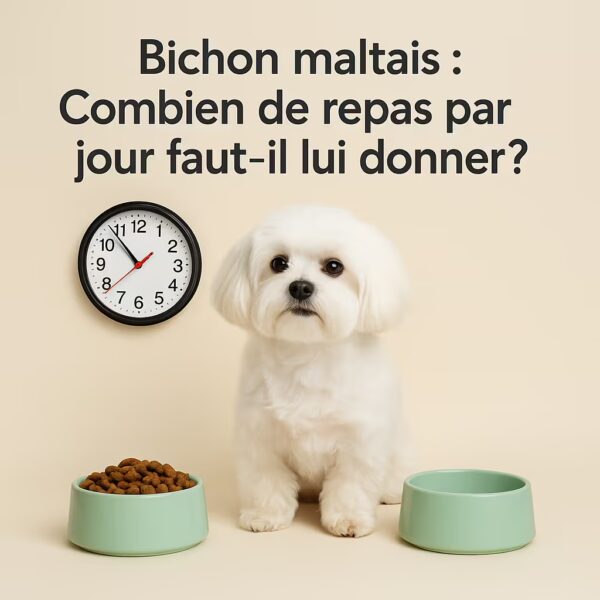 Bichon maltais en studio entre deux gamelles vert menthe avec une horloge murale indiquant l’heure des repas