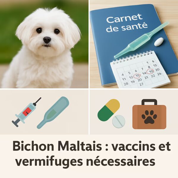 Carnet de santé avec pipette, comprimé et mini-calendrier entourant les dates de rappels, icônes seringue et pilules