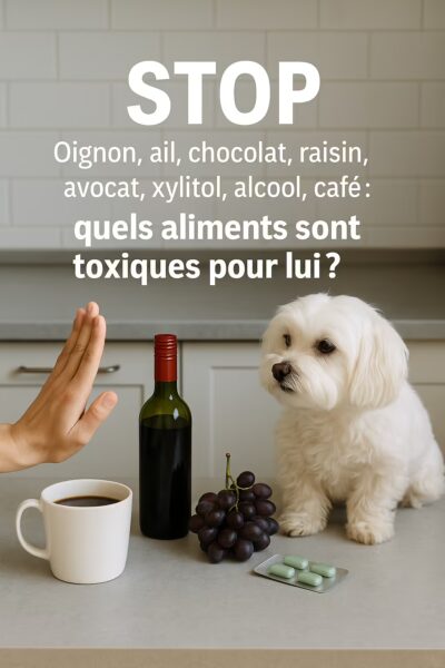 Bichon maltais sur un plan de travail avec tasse de cafĂ©, bouteille dâalcool, raisins et plaquette de chewing-gums xylitol ; main en signe STOP