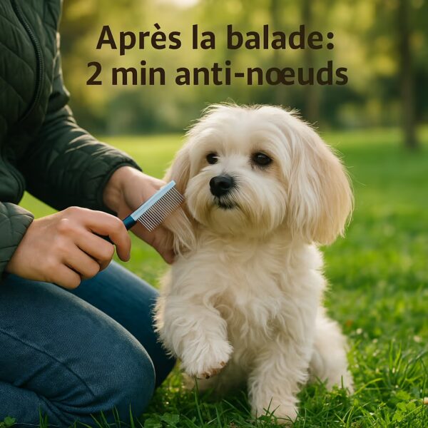 Bichon maltais assis dans l’herbe pendant qu’une main passe un peigne sur l’oreille, texte 2 minutes anti-nœuds