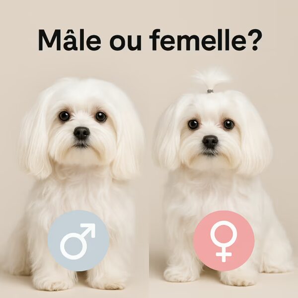 Deux bichons maltais en studio sur fond neutre, pictos mâle et femelle, question du choix de sexe