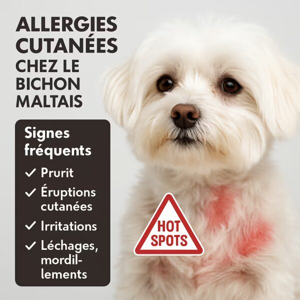 Gros plan d’un bichon maltais en studio avec rougeurs au cou et encart listant prurit, éruptions, irritations, léchages