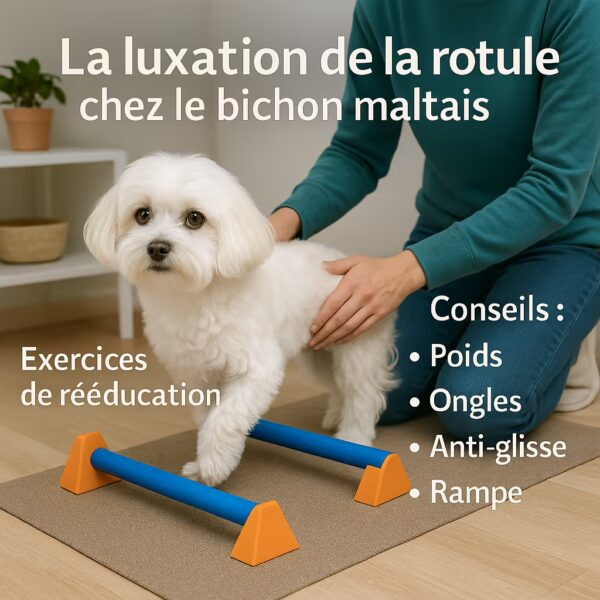 Bichon maltais réalisant un exercice de cavaletti bas sur tapis antidérapant, conseils poids, ongles, anti-glisse, rampe