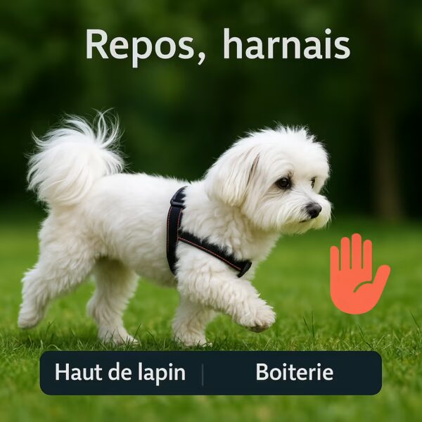 Bichon maltais marchant dans l’herbe en harnais, lève une patte arrière, rappels repos et harnais