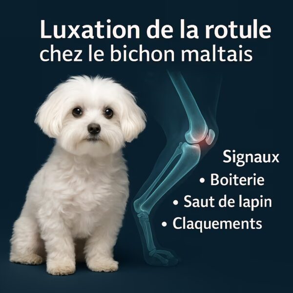Bichon maltais en studio avec visuel anatomique de la rotule et liste des signes : boiterie, saut de lapin, claquements