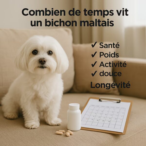 Bichon maltais assis sur un canapé à côté d’un calendrier et d’un flacon, liste santé, poids, activité douce