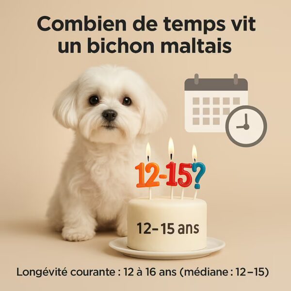 Bichon maltais en studio devant un petit gâteau avec bougies 12–15 et icônes calendrier/horloge
