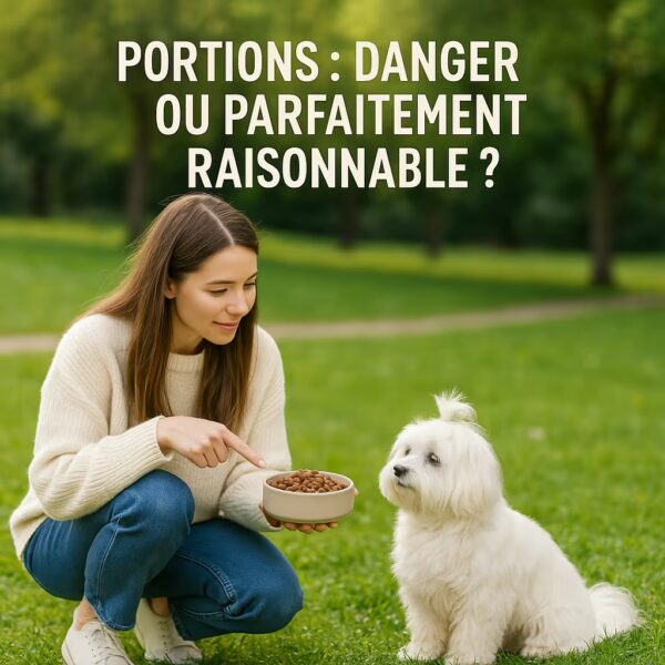 Femme agenouillée au parc présentant un bol de croquettes à un bichon maltais, rappel sur les portions raisonnables