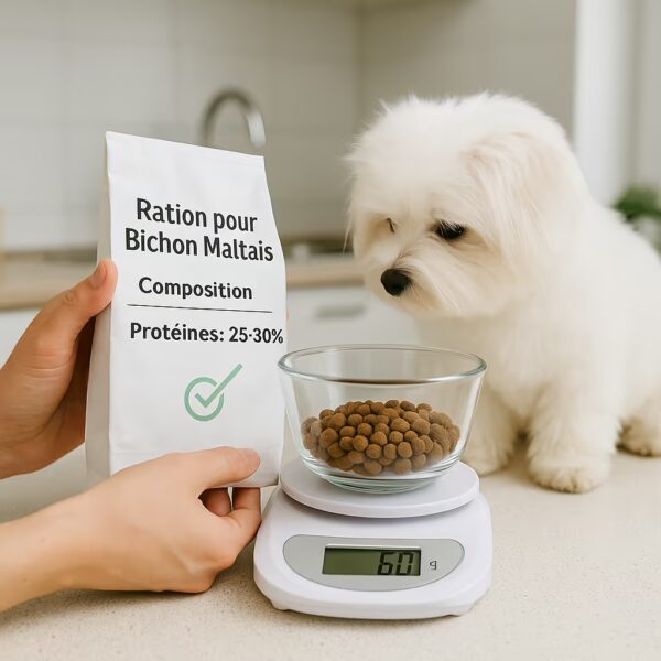 Bichon maltais regardant un bol de croquettes sur balance de cuisine, sachet indiquant protéines 25–30%