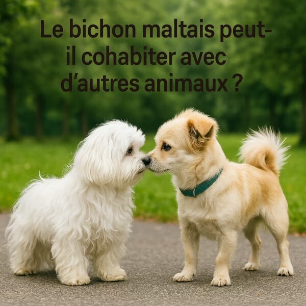 Bichon maltais reniflant nez à nez un petit chien au parc, approche calme sur allée