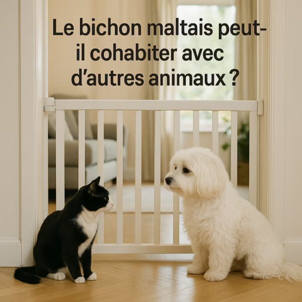 Bichon maltais et chat noir et blanc de part et d’autre d’une barrière intérieure, présentation progressive