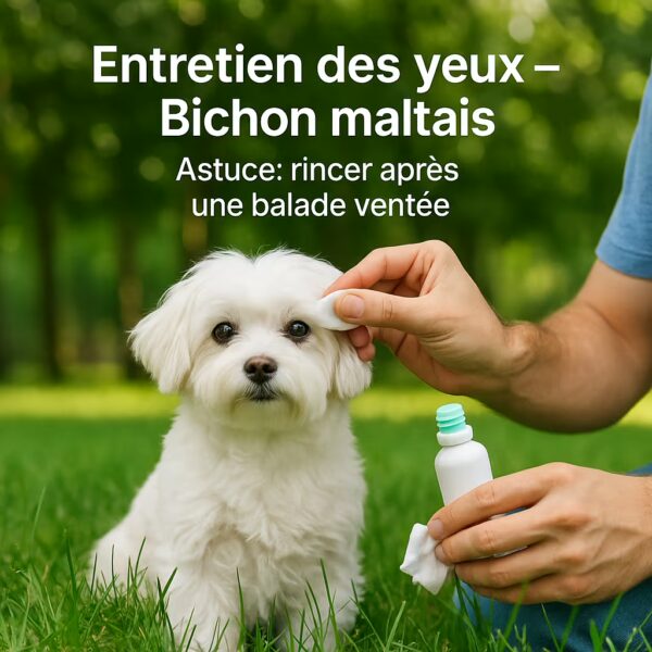 Bichon maltais assis dans l’herbe pendant que son humain nettoie le contour des yeux avec une compresse