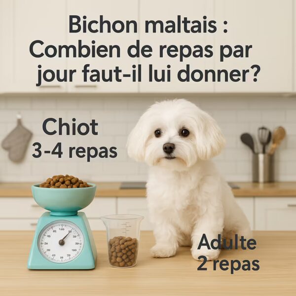 Bichon maltais sur plan de travail à côté d’une balance de cuisine et d’un doseur remplis de croquettes