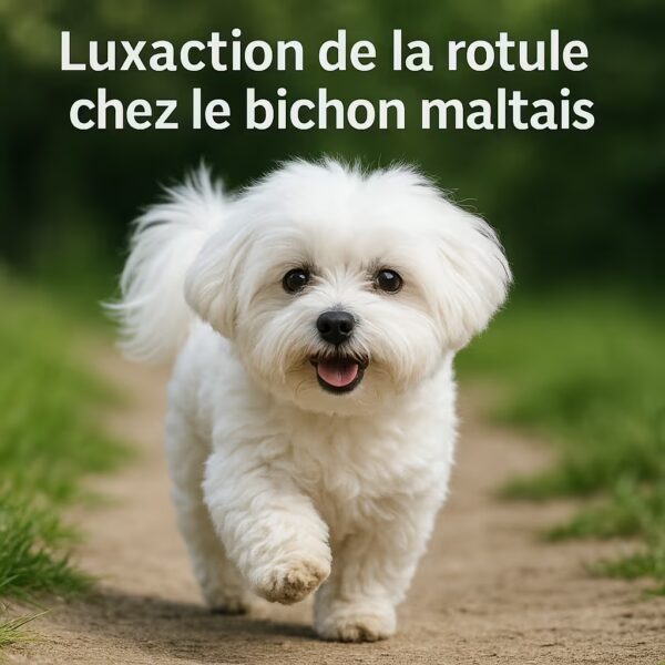 Bichon maltais trottant sur un chemin herbeux, texte luxation de la rotule chez le bichon maltais
