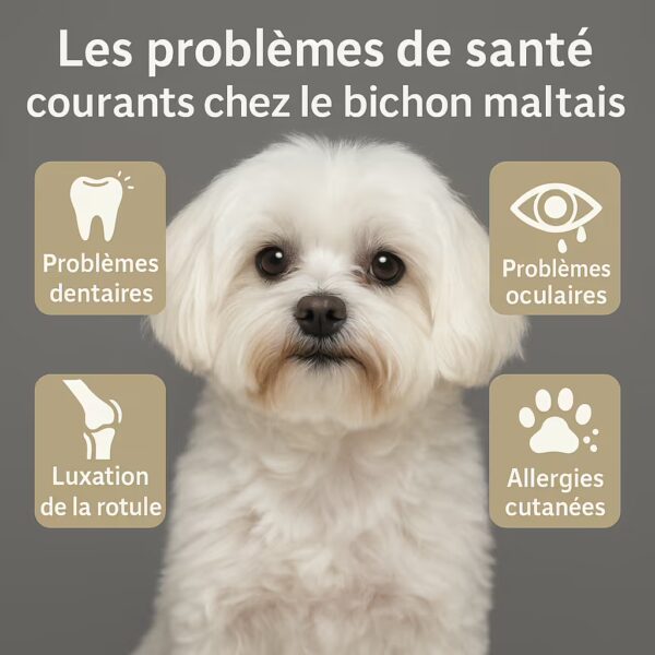 Bichon maltais en studio avec icônes listant problèmes dentaires, oculaires, luxation de la rotule et allergies cutanées