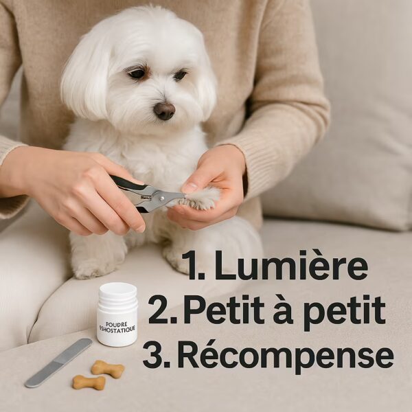 Bichon maltais assis sur un canapé pendant la coupe des griffes, lime, poudre hémostatique et friandises posées à côté