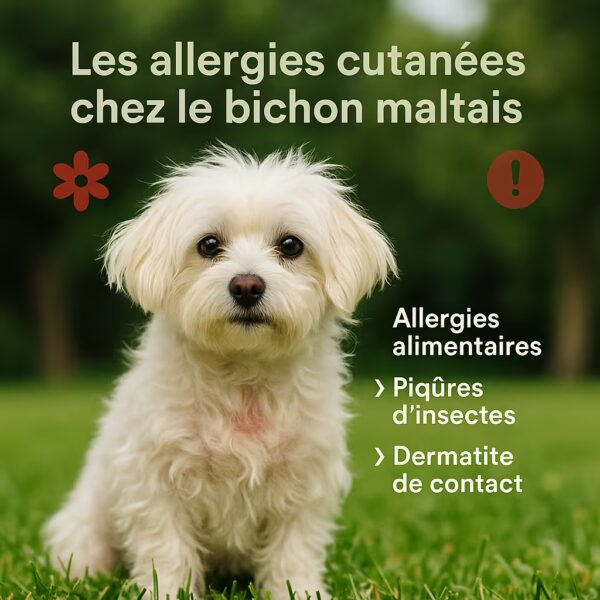 Bichon maltais assis dans l’herbe, encart causes possibles : allergie alimentaire, piqûres d’insectes, dermatite de contact