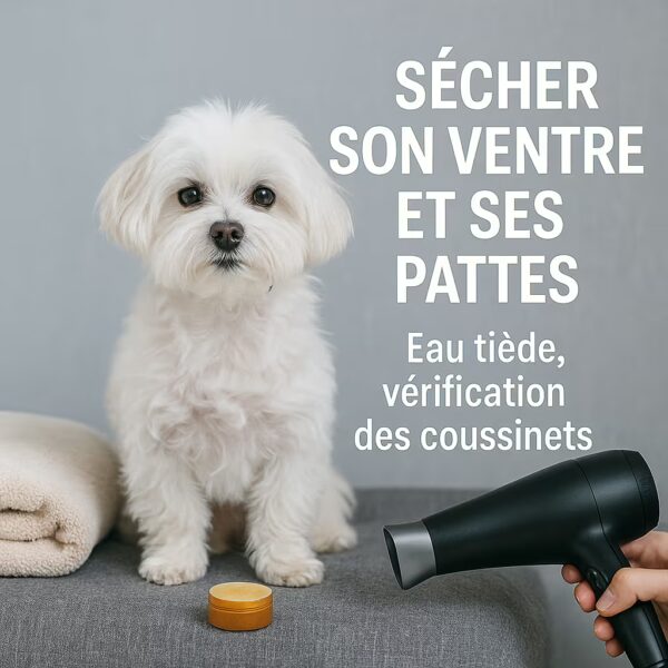 Bichon maltais mouillé assis près d’une serviette, baume pour coussinets et sèche-cheveux, rappel de séchage ventre/pattes