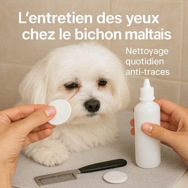 Bichon maltais posé sur une table de toilettage avec peigne fin, compresse et solution oculaire