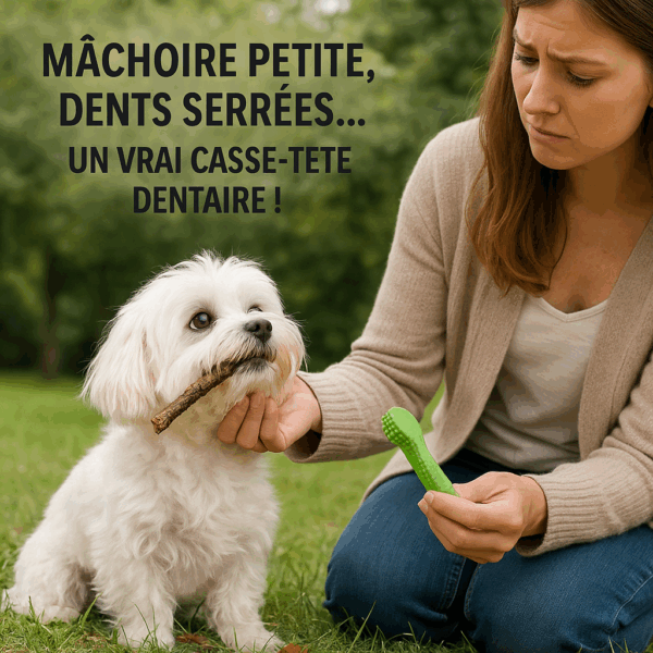 Bichon maltais assis dans l’herbe, dents serrées visibles, humain tenant une friandise dentaire