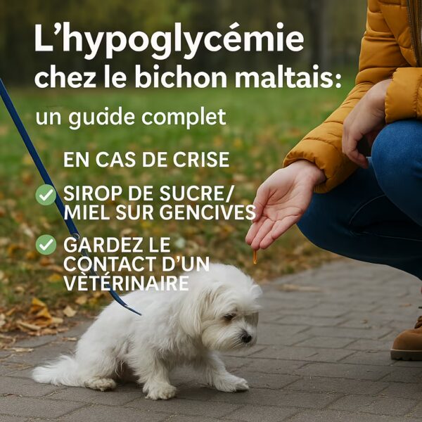 Bichon maltais fatigué au parc, humain mettant une goutte de miel/sirop sucré sur les gencives avec message d’urgence et contact véto