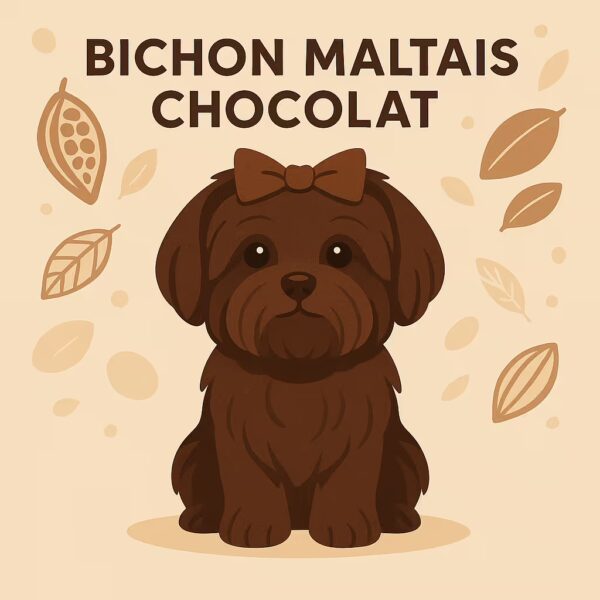 Illustration flat d’un Bichon Maltais chocolat assis, pelage brun soyeux, décor fèves de cacao et feuilles, format carré 1080 x 1080