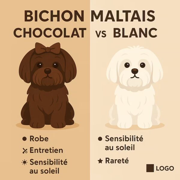 Infographie 1080 x 1080 : Bichon Maltais chocolat vs blanc, deux chiens en style flat, points de comparaison robe, entretien, sensibilité