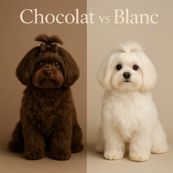 Photo comparative 1080 x 1080 : Bichon Maltais chocolat à gauche et Maltais blanc à droite, fond neutre, titre “Chocolat vs Blanc”